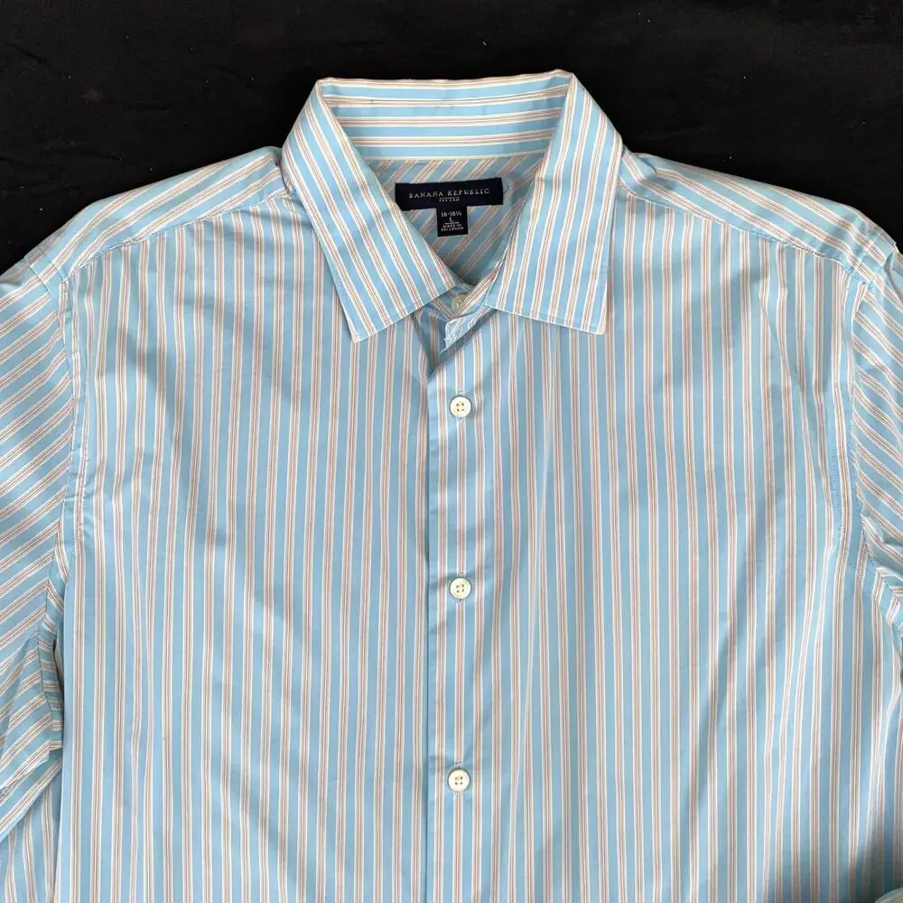 Banana Republic Fitted L 16-16 1/2 Aqua Blue,Tan & White Stripe Cotton Shirt